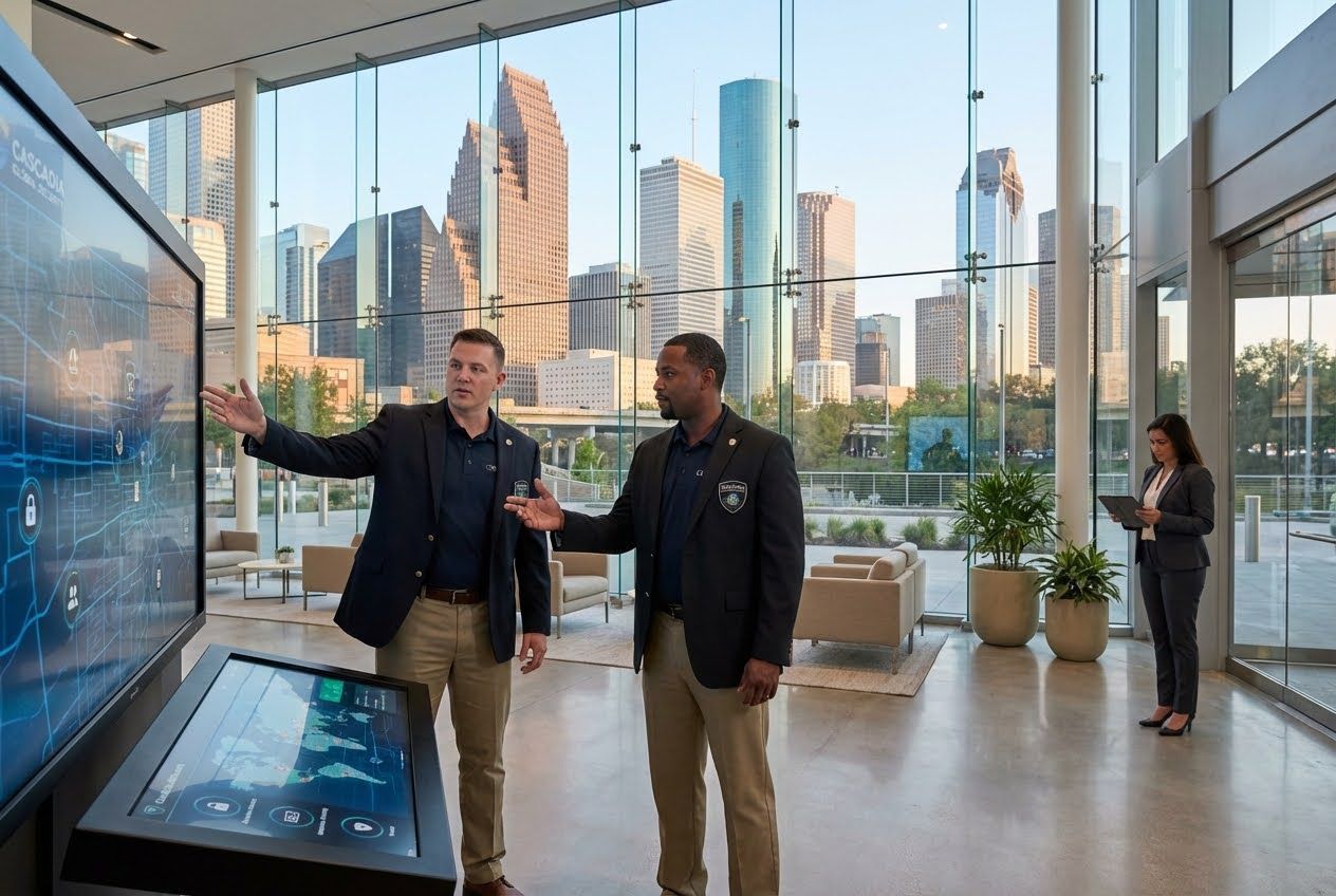 Two men in blazers discuss a digital map on a large screen in a modern office with a city skyline view.