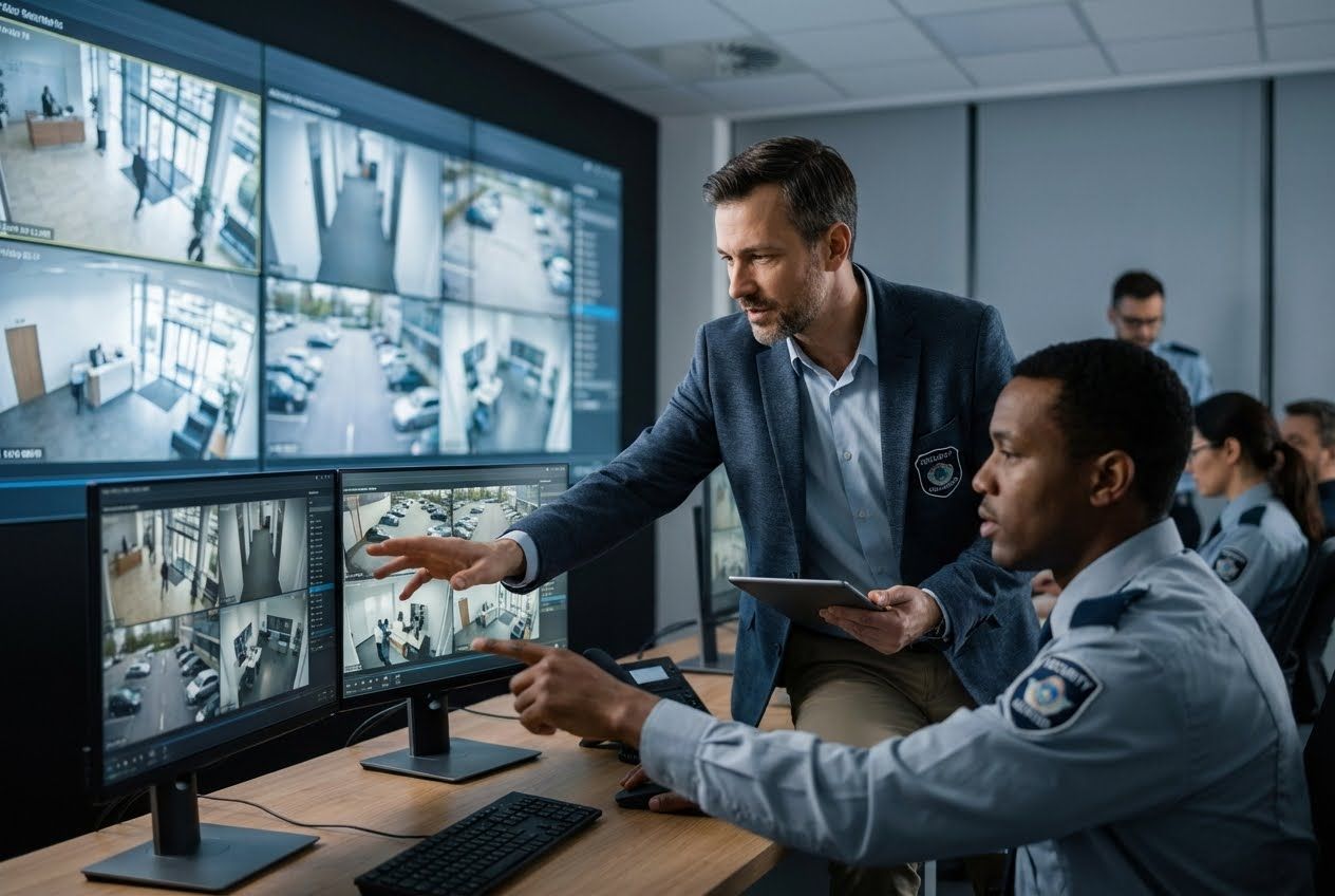 Two men, one in a suit and one in a security uniform, discuss multiple surveillance feeds on monitors in a control room.