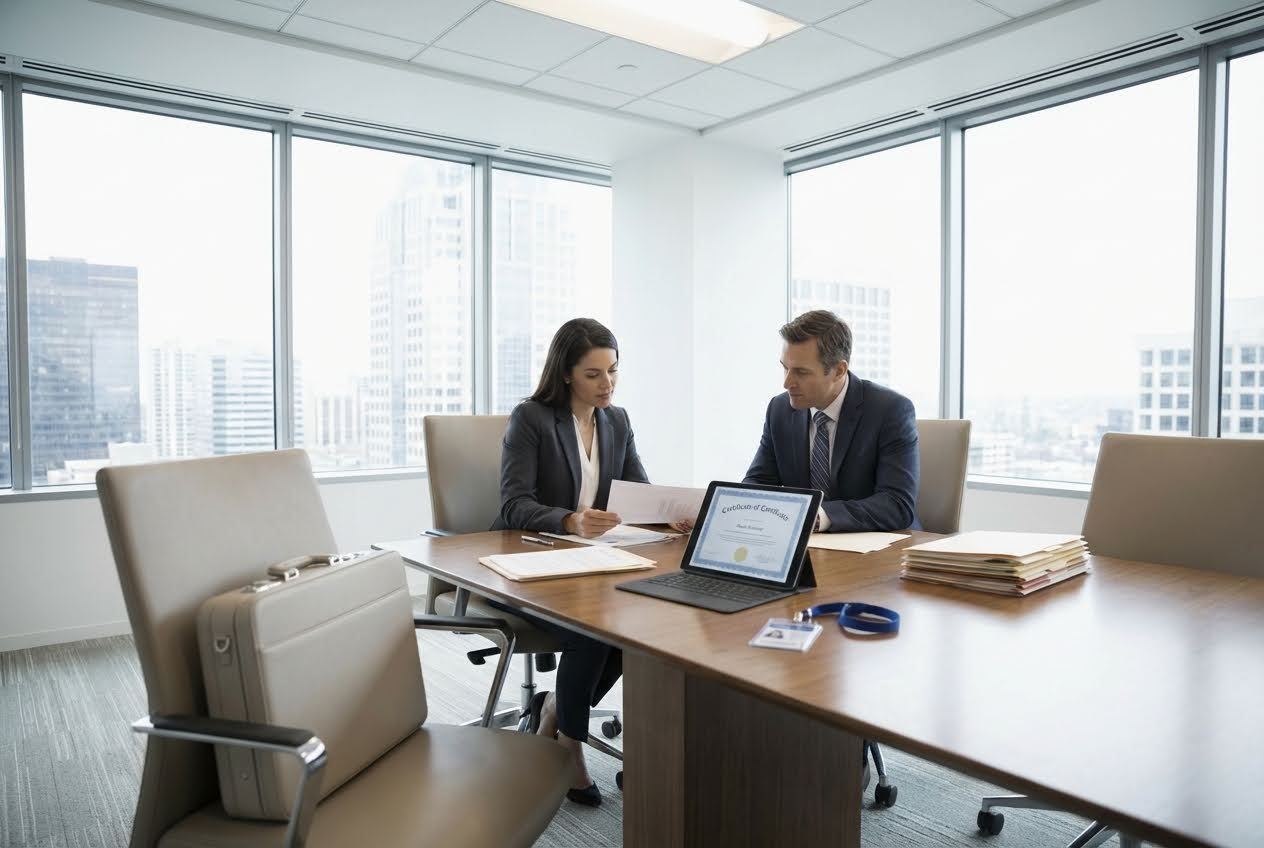 Two professionals in suits review documents and a digital certificate on a tablet at a conference table in a bright office with city views.