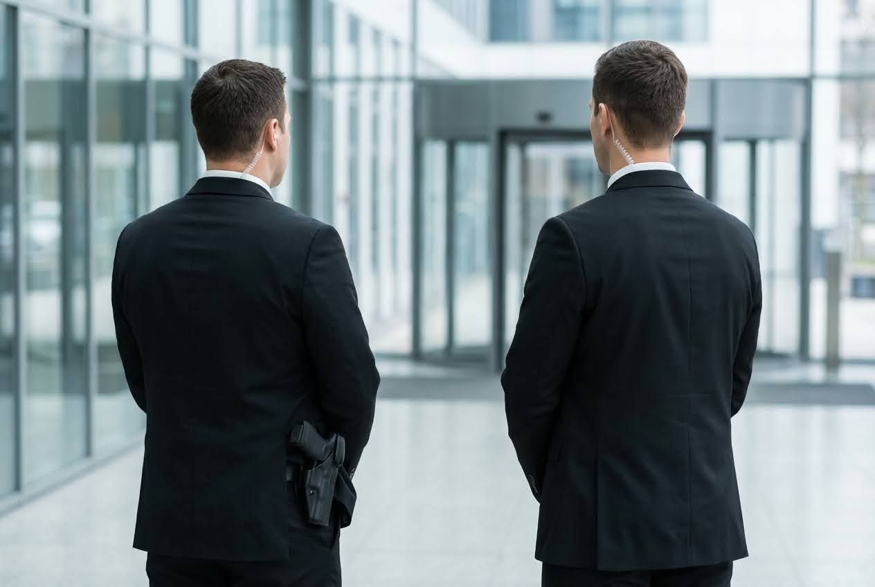 Two security guards in black suits with earpieces, one with a holstered gun, stand with their backs to the viewer in a modern building.
