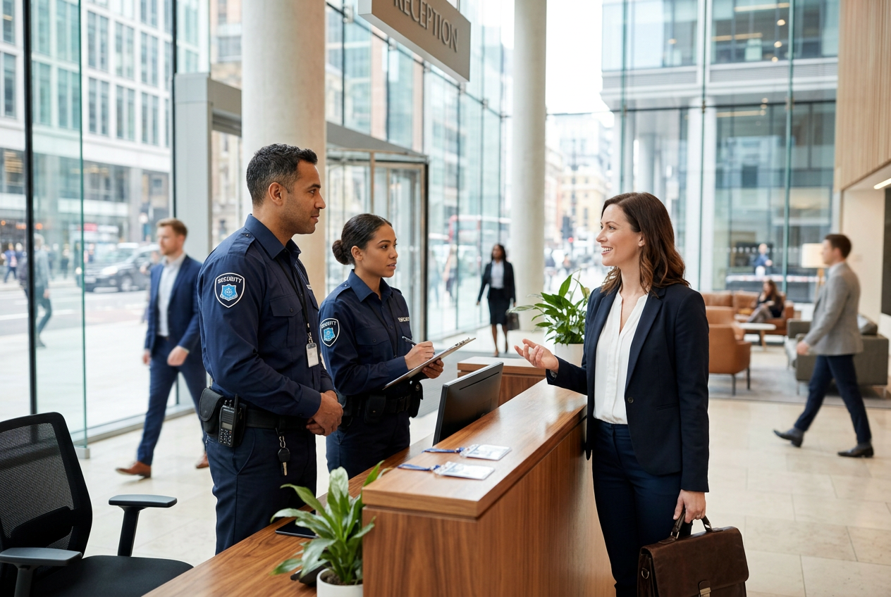 Two security guards in navy uniforms stand at a reception desk, talking to a smiling businesswoman with a briefcase in a modern lobby