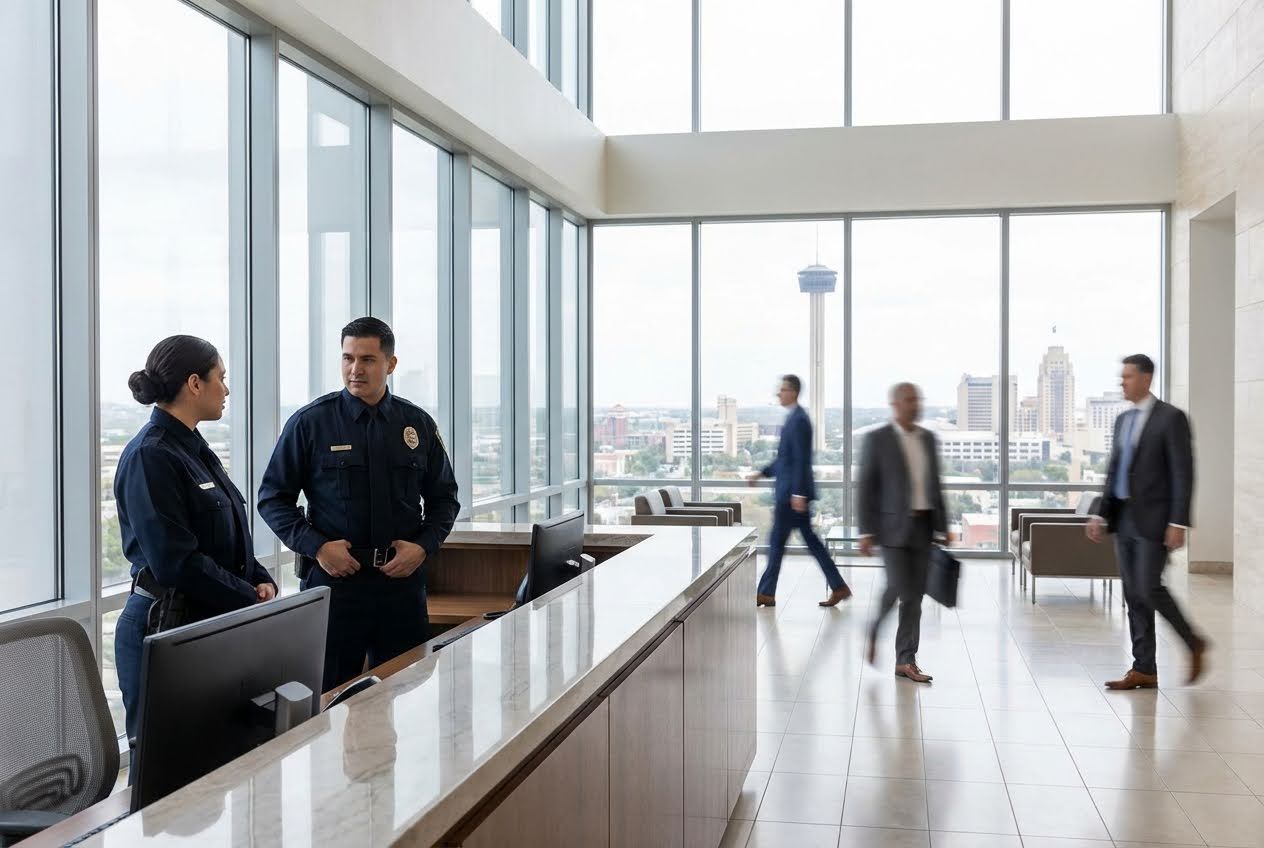 Two security guards in uniform at a reception desk, with blurred business people walking and a city skyline visible through large windows.