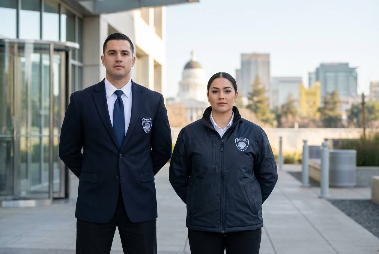 Two security guards, a man in a suit and a woman in a jacket, stand outside with the Sacramento Capitol in the background