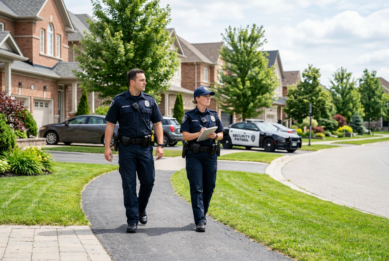 Two security patrol officers in dark blue uniforms walk on a sidewalk in a suburban neighborhood with houses and a patrol car.

