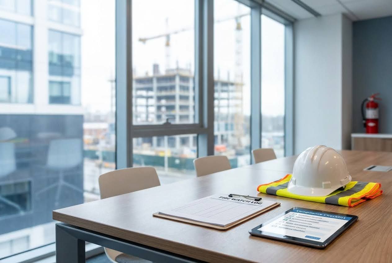 White hard hat, safety vest, 