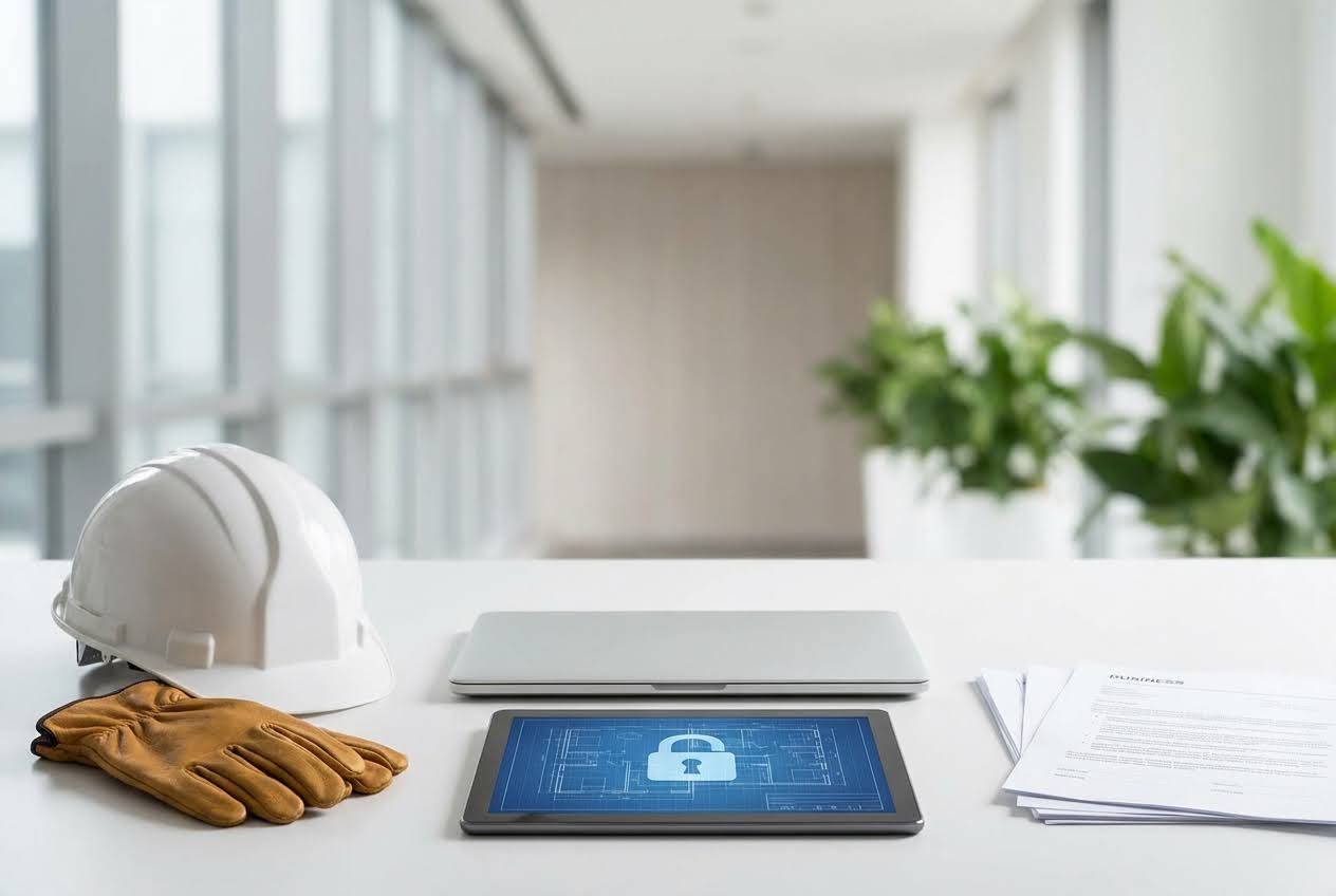White hard hat, work gloves, laptop, tablet with a security lock icon, and documents on a desk in a modern office.