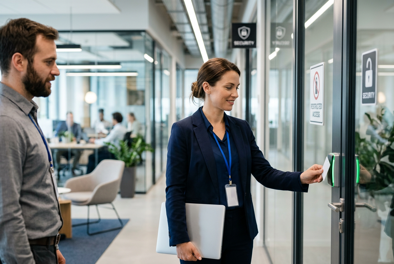 Woman in a dark suit using a white access card on a green-lit reader to open a glass office door, with a man watching
