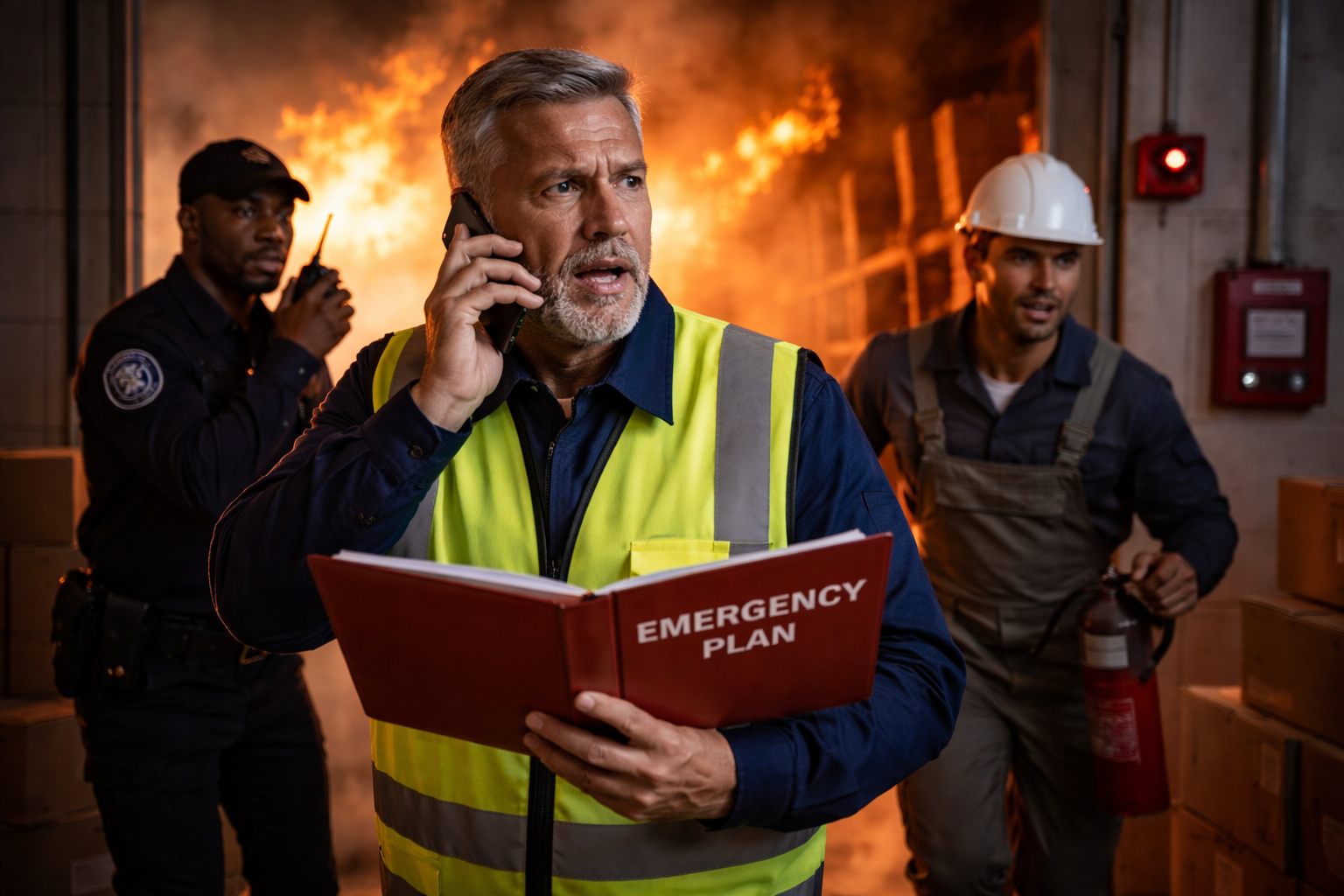 Workers responding to an emergency in a warehouse as a supervisor references a plan and communicates by phone while flames and smoke spread in the background.
