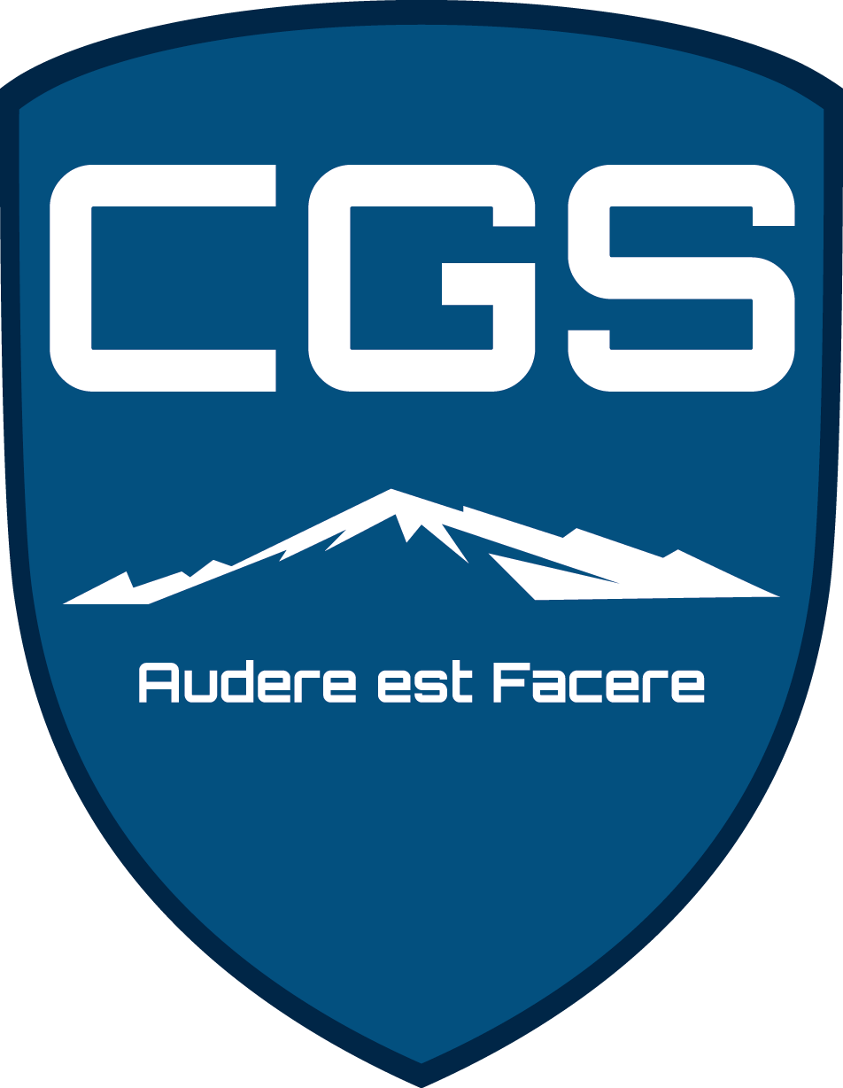 A blue shield with the words cgs audere est facere on it