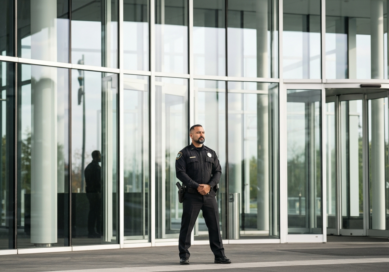 A uniformed security officer standing outside a modern Class A glass office tower in downtown Bellevue, Washington