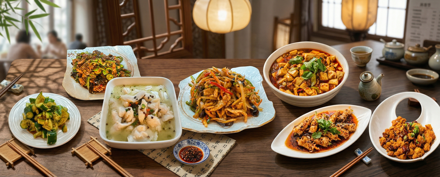 A table laden with various Chinese dishes, including mapo tofu, stir-fried vegetables, and meats, set in a restaurant.
