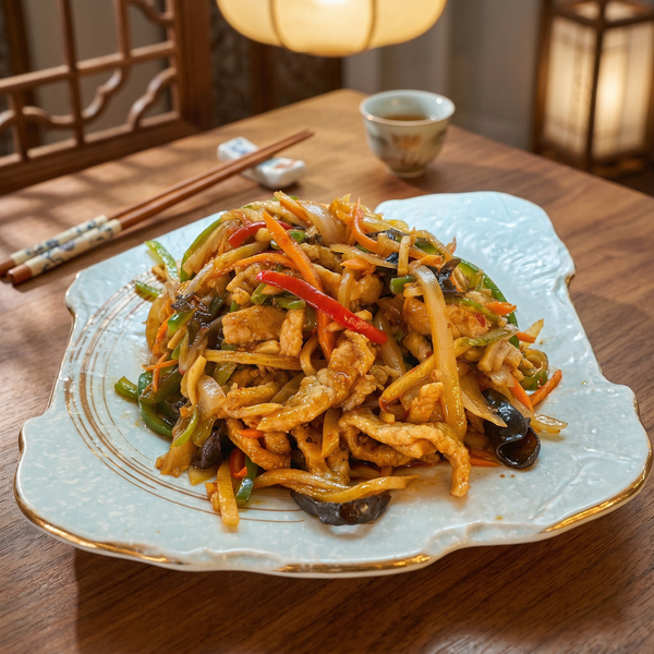 A plate of stir-fried meat and mixed vegetables, including peppers, served on a table with chopsticks and a small teacup.
