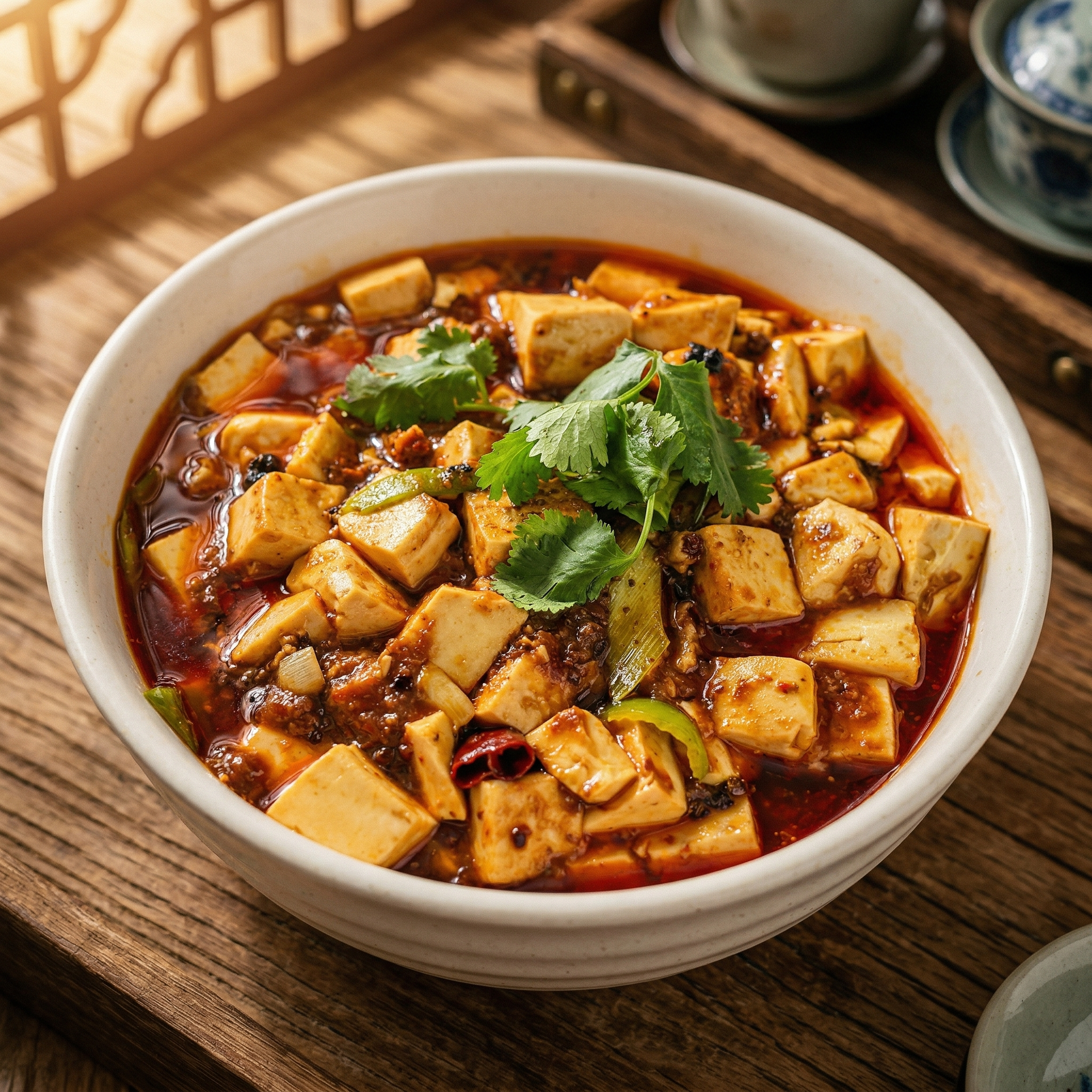 A white bowl of spicy Mapo tofu topped with fresh cilantro, served on a wooden surface with a tea set nearby.