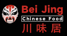 A logo for "Bei Jing Chinese Food" featuring a stylized red and black Beijing opera mask next to the restaurant's name.