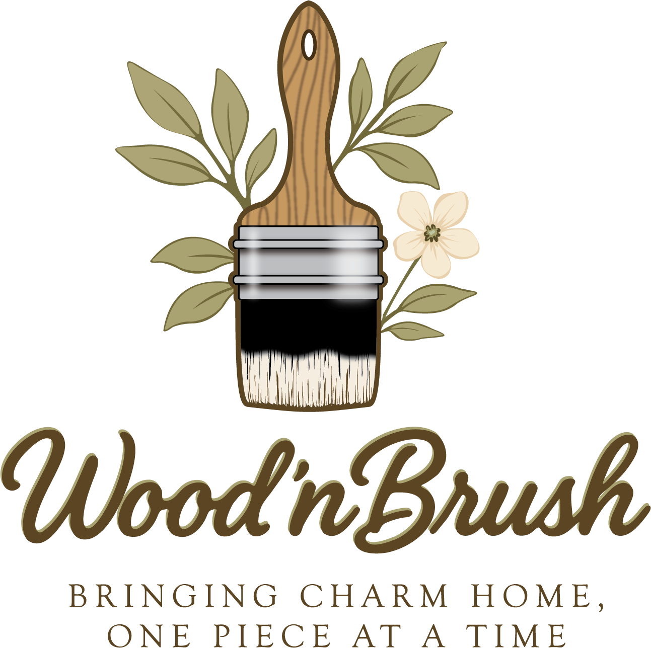 Logo of Wood 'n' Brush, featuring a paintbrush with leaves and a flower. Text: Bringing charm home, one piece at a time.