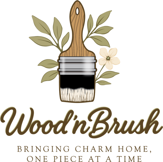 Logo of Wood 'n' Brush, featuring a paintbrush with leaves and a flower. Text: Bringing charm home, one piece at a time.