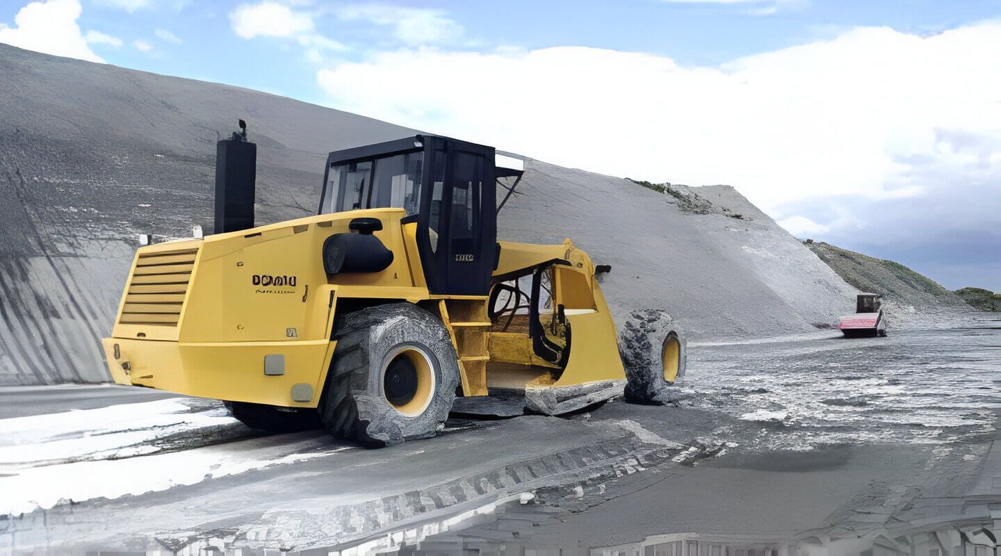 Un gran tractor amarillo circula por un camino de tierra.