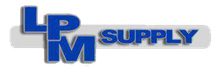 Logo of LPM Supply in blue lettering with white drop shadow.