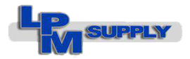 Logo of LPM Supply in blue lettering with white drop shadow.