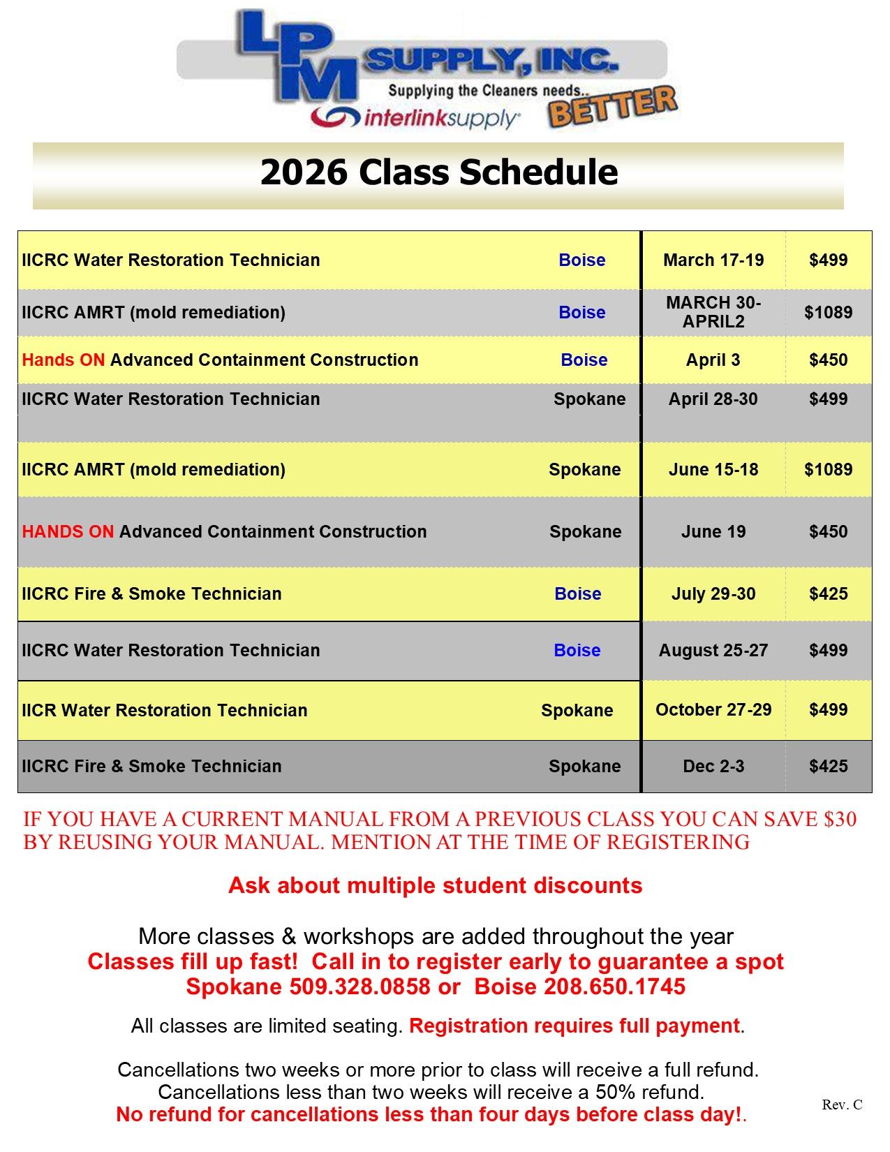 Class schedule for LP Supply, Inc. Classes listed with locations and dates.