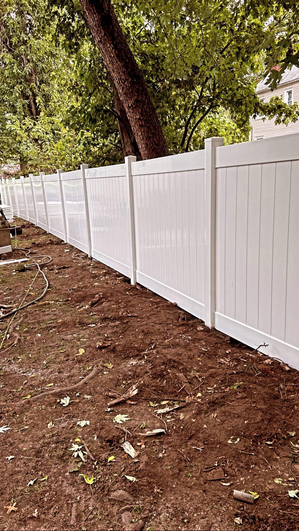A long, white vinyl privacy fence lines a dirt yard in front of a tree.