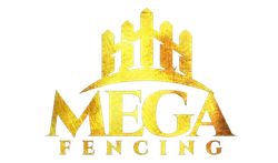 Gold logo for Mega Fencing featuring a stylized fence silhouette above the text "MEGA FENCING."