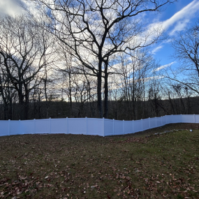 A white privacy fence curves across a grassy yard in front of a dense forest of bare trees under a blue, cloudy sky.