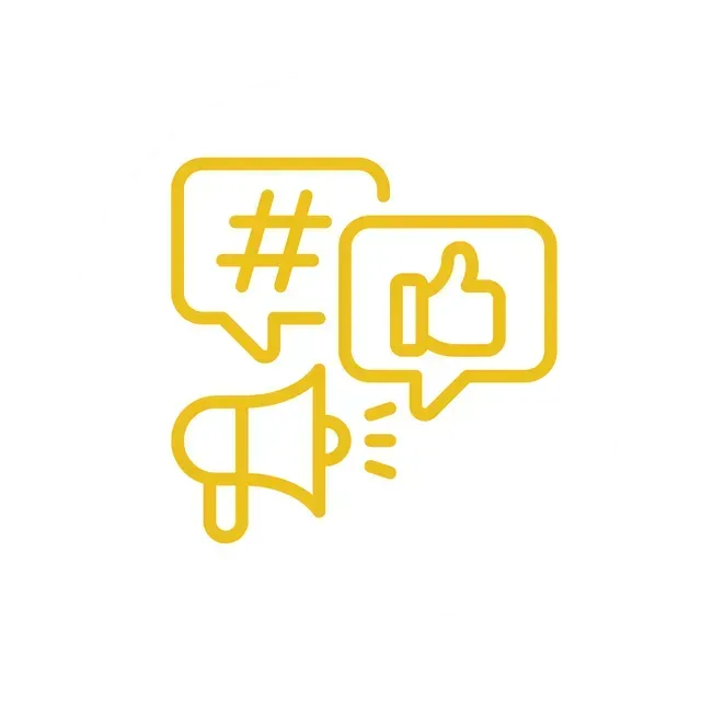 Yellow megaphone, speech bubbles with a hashtag and thumbs-up symbol, for social media promotion.