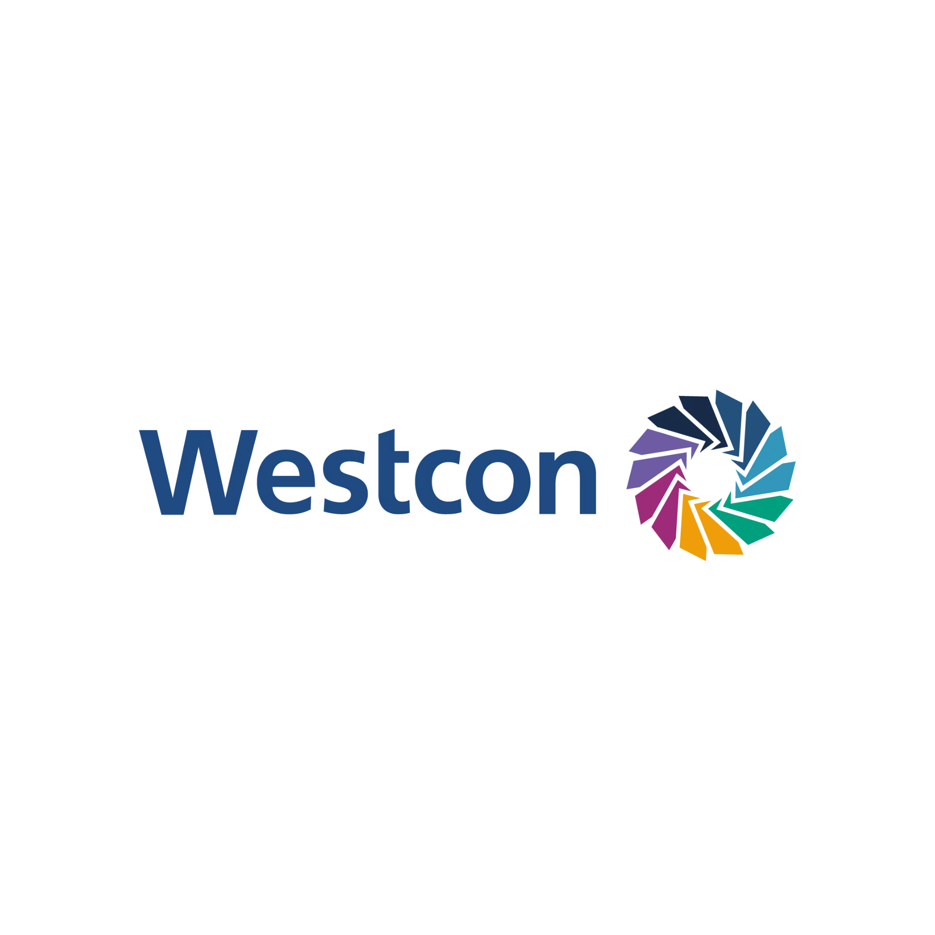 Westcon logo, text in blue beside a multicolored, abstract circular design.