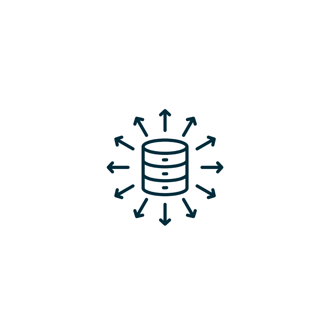 Database icon with arrows radiating outwards, indicating data distribution.