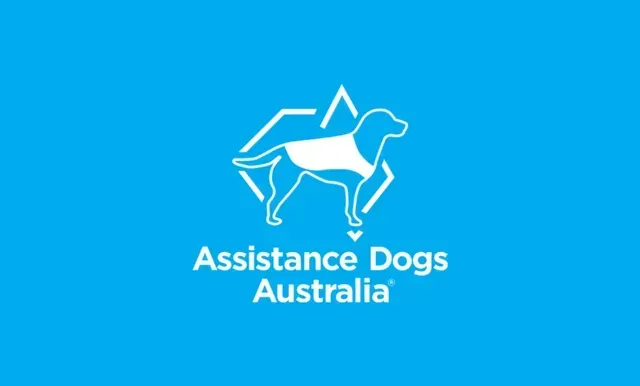 White outline of a dog in vest, inside a hexagon, with 