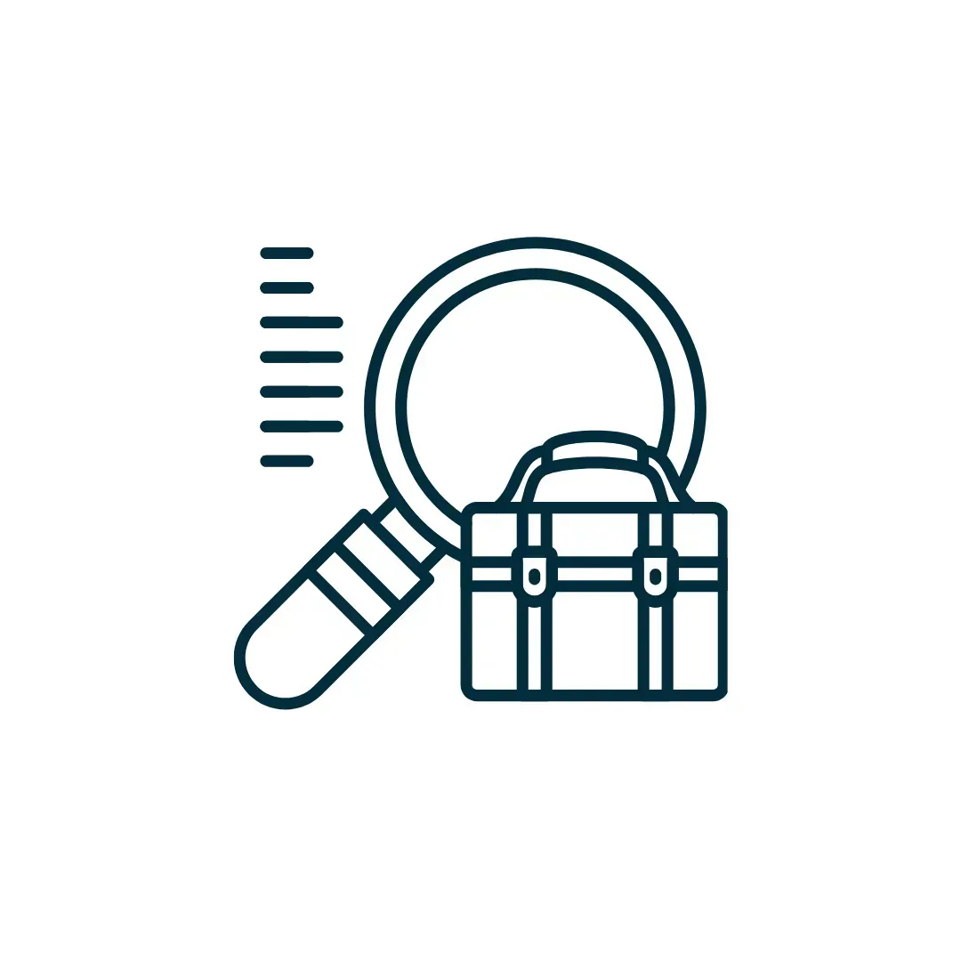 Magnifying glass over a briefcase, with lines, representing job searching.