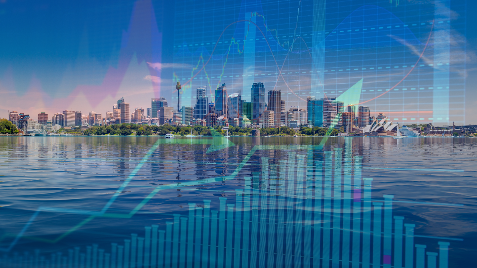 City skyline over water with overlaid stock market graphs, blue sky.