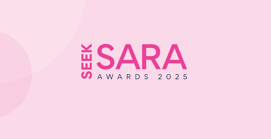 Logo for the Seek Sara Awards 2023 on a pink background.