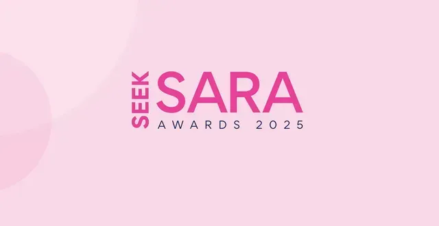 Logo for the Seek Sara Awards 2023 on a pink background.
