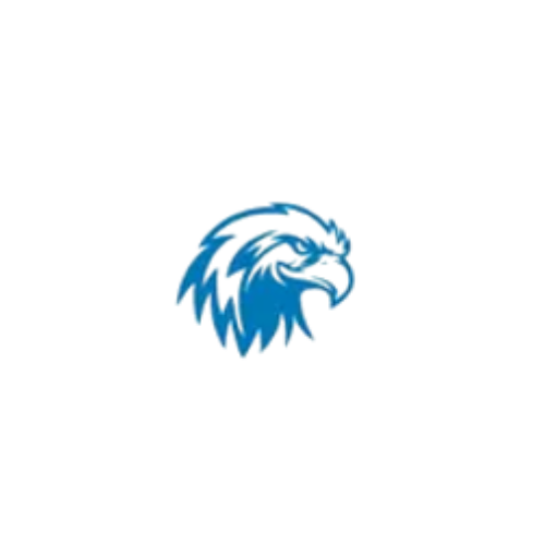 Blue eagle head logo, looking right.