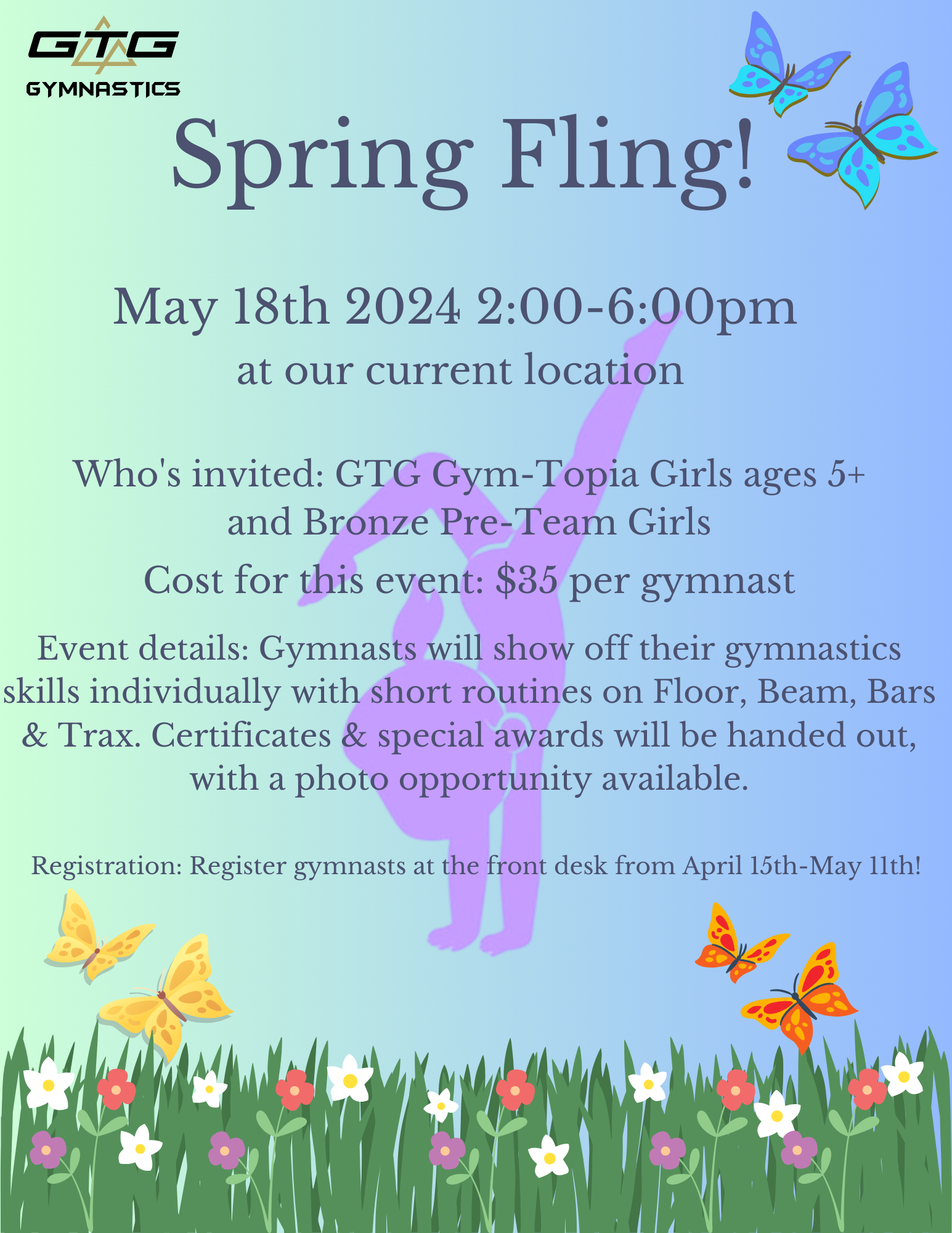 A poster for a spring fling with butterflies and flowers
