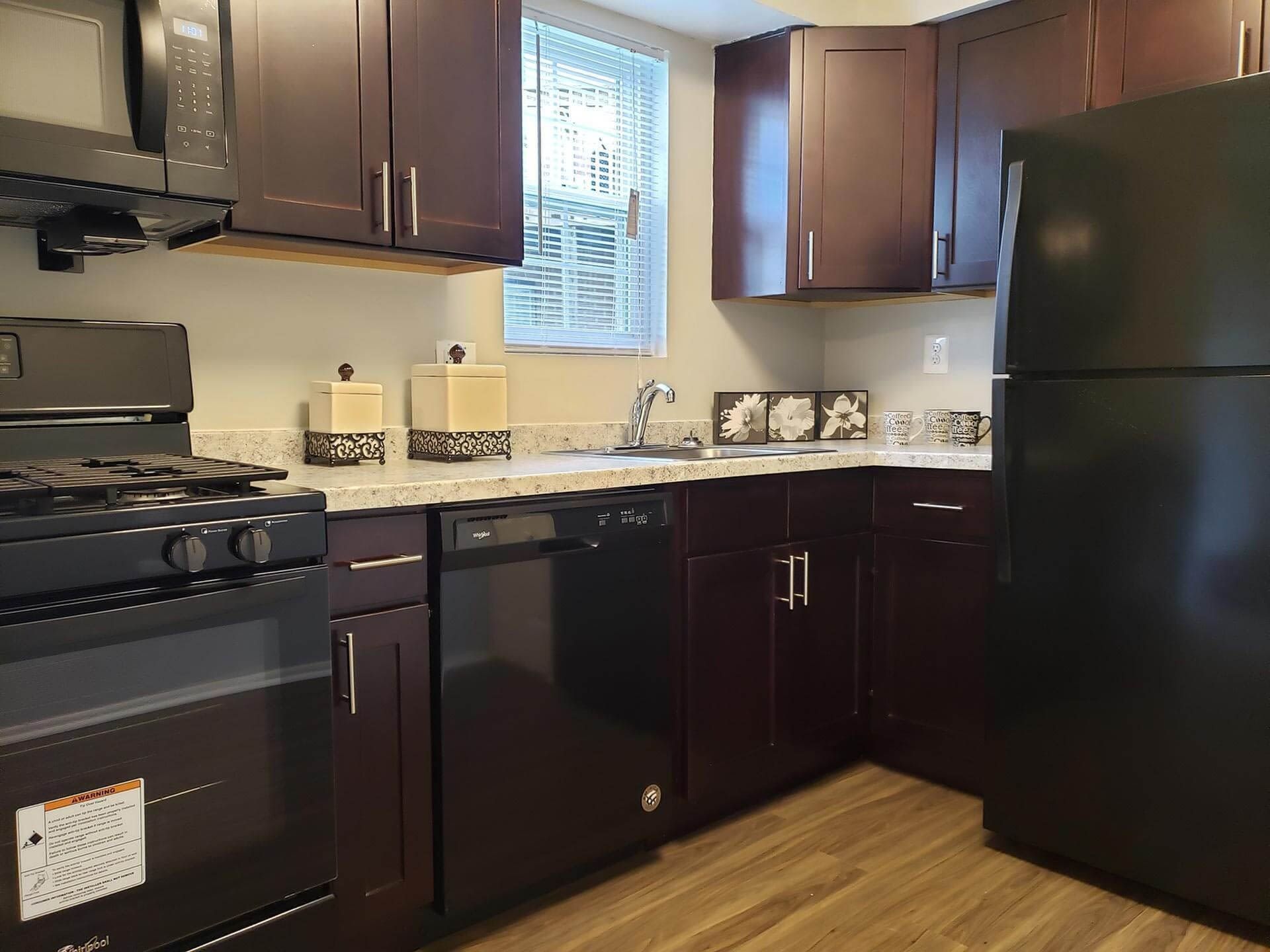 Modern apartment kitchen with dark wood cabinets, stainless steel appliances, and a window above the sink.