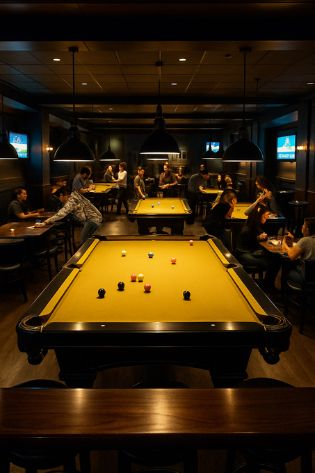 Pool hall with several tables and patrons; tables have yellow felt and black frames, dimly lit with hanging pendant lights.