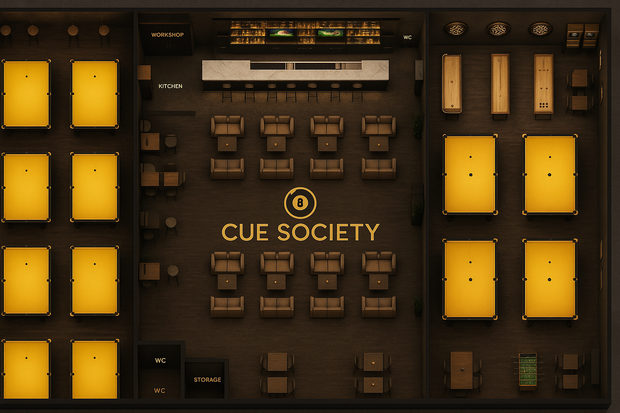 Overhead view of Cue Society billiard hall: golden tables, brown seating, and bar area with logo.