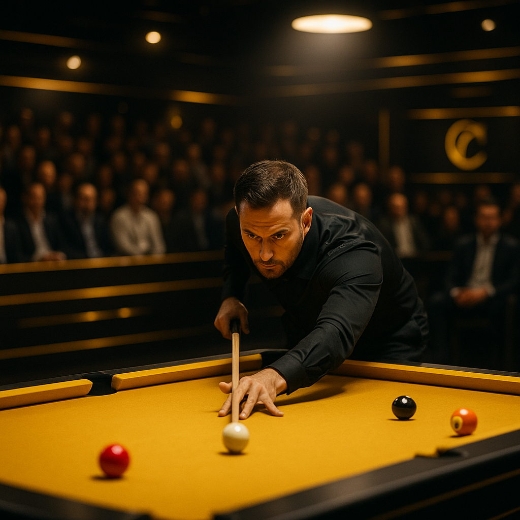 Man in black aiming a pool cue, playing on a yellow table. Audience watches in a dimly lit room.