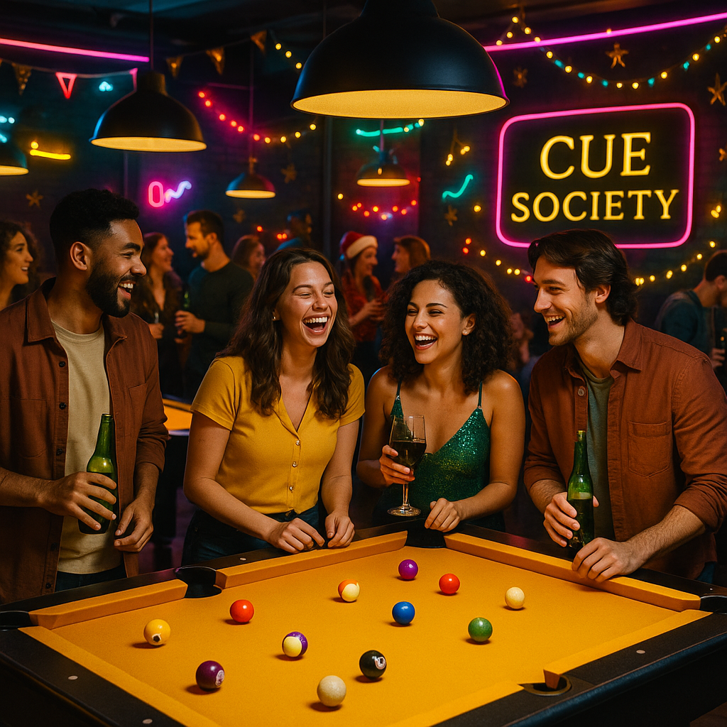 Four friends laugh while playing pool in a bar with neon lights.