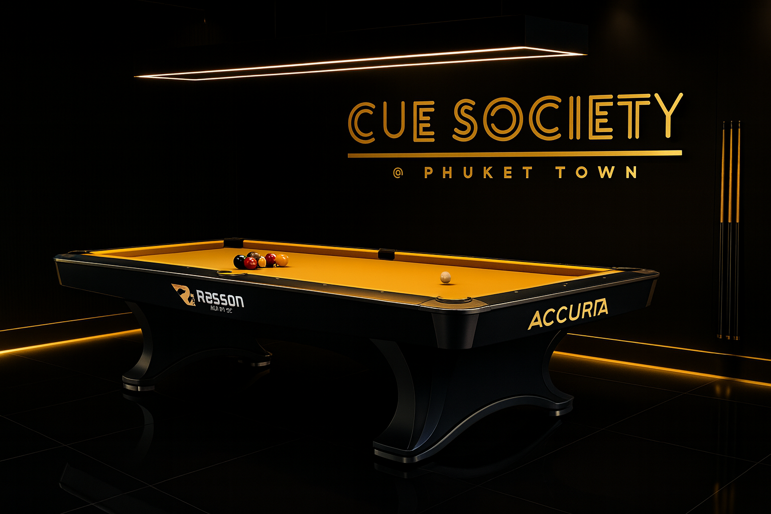 Rasson Accura pool table with yellow cloth and custom LED lighting at CUE SOCIETY Phuket