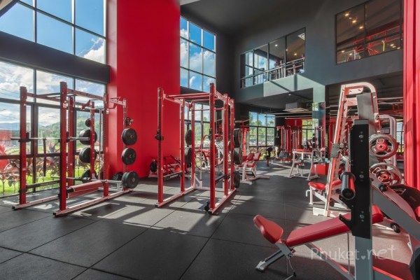 A brightly lit, modern gym with red weightlifting equipment and walls. Large windows offer a view of the outdoors.