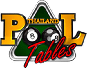 Logo for Pool Tables Thailand, featuring two 8-balls, a green triangle, and gold and red text.
