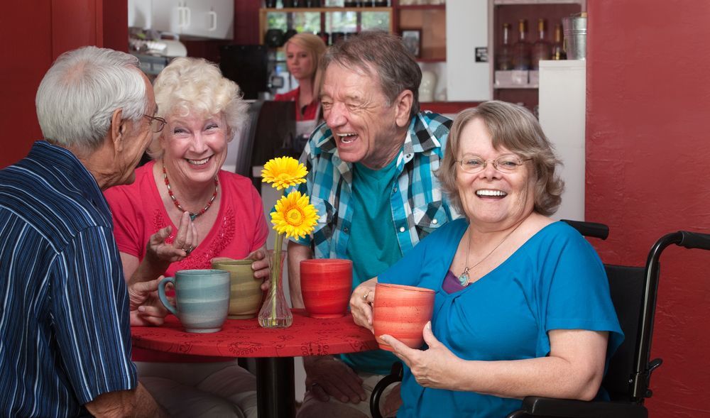 Group of Seniors Laughing Around a Table at a Cafe — Sonke Support Pty. Ltd. in Coolum, QLD