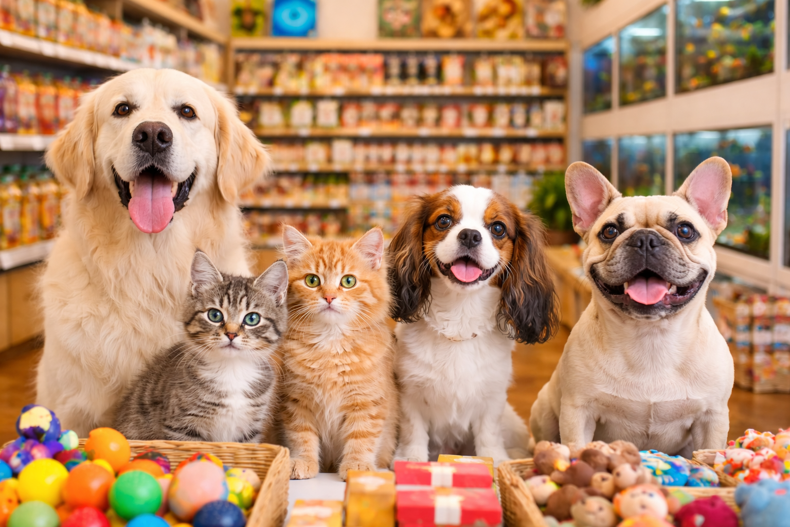 Un golden retriever, due gatti, un cavalier king charles spaniel e un bulldog francese sorridono in un negozio di animali; giocattoli davanti.
