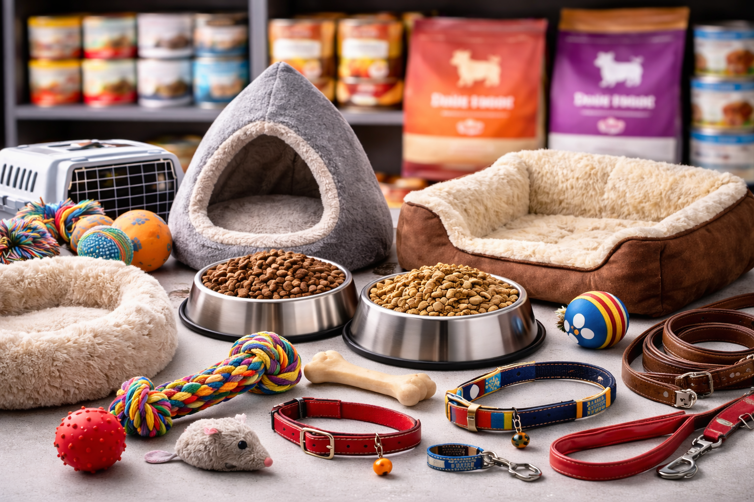 Articoli per animali domestici: cucce per cani, ciotole per il cibo, sacchetti per il cibo, giocattoli, collari, guinzagli e un trasportino esposti su un tavolo.
