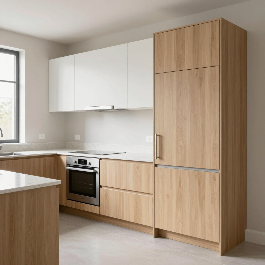 Cocina moderna con gabinetes de madera clara, encimeras blancas y electrodomésticos de acero inoxidable.