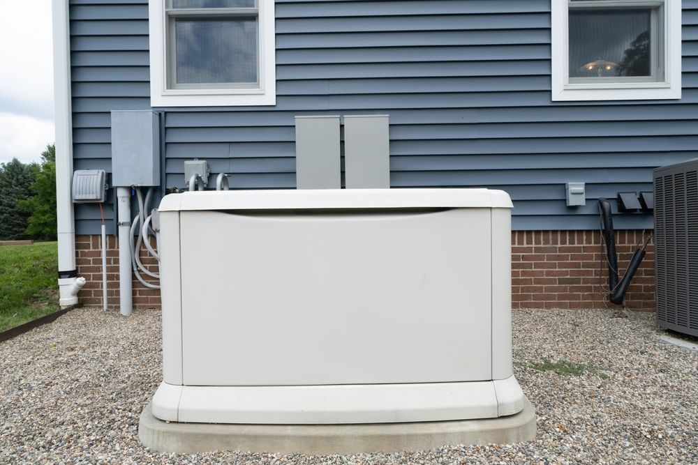 Off-white home generator on gravel bed next to a blue-sided house with windows and electrical boxes.